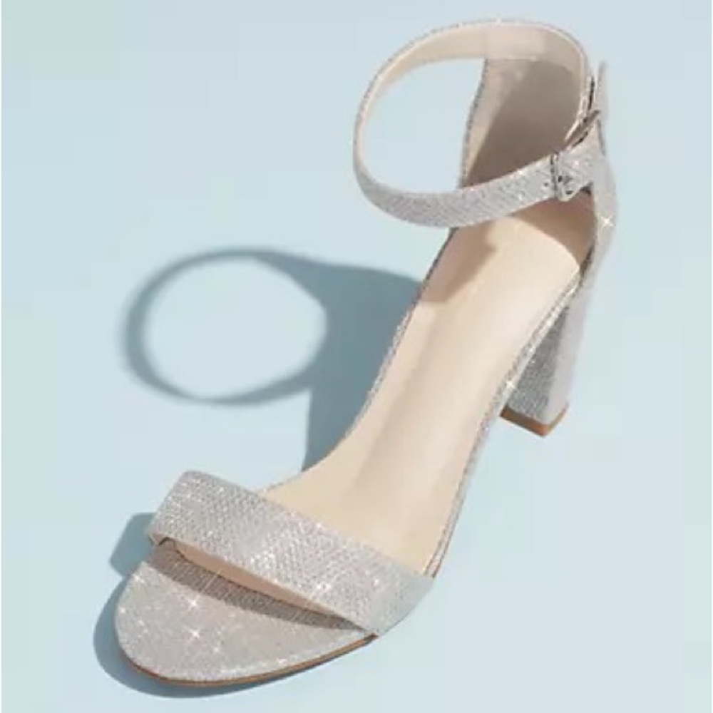 Sparkly Silver Block Heel Ankle Strap Sandal, Size 7.5